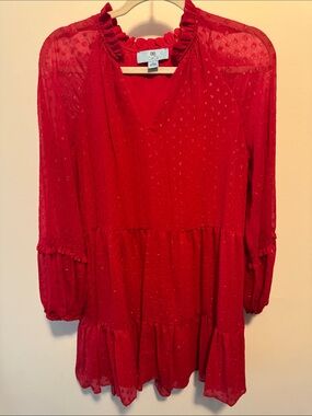 CeCe Vibrant Red Ruffle-Tiered Long Sleeve Mini Dress